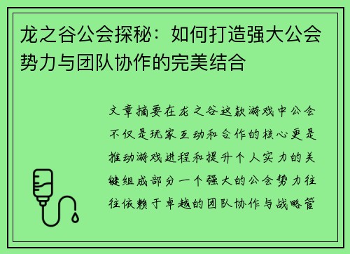 龙之谷公会探秘：如何打造强大公会势力与团队协作的完美结合